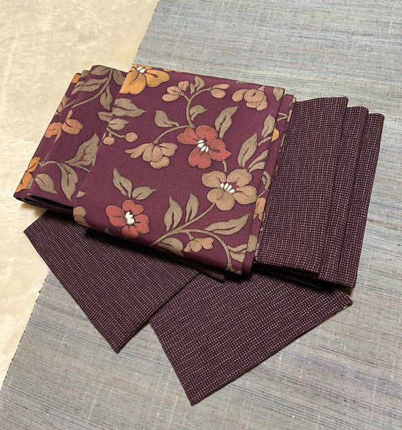 199号 半幅帯 正絹 リバーシブル 友禅小紋 小豆色×江戸小紋 濃紫☆締め