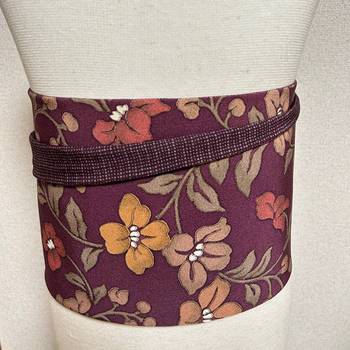 199号 半幅帯 正絹 リバーシブル 友禅小紋 小豆色×江戸小紋 濃紫☆締め