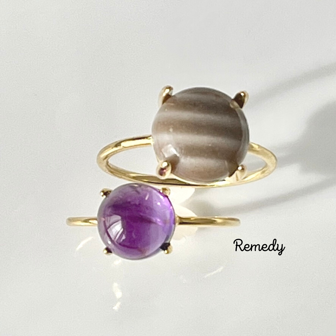 三毛猫模様☆彡ポーランド産フリントストーンとアメジスの一粒リングセット silver 925 18KGP２月誕生石