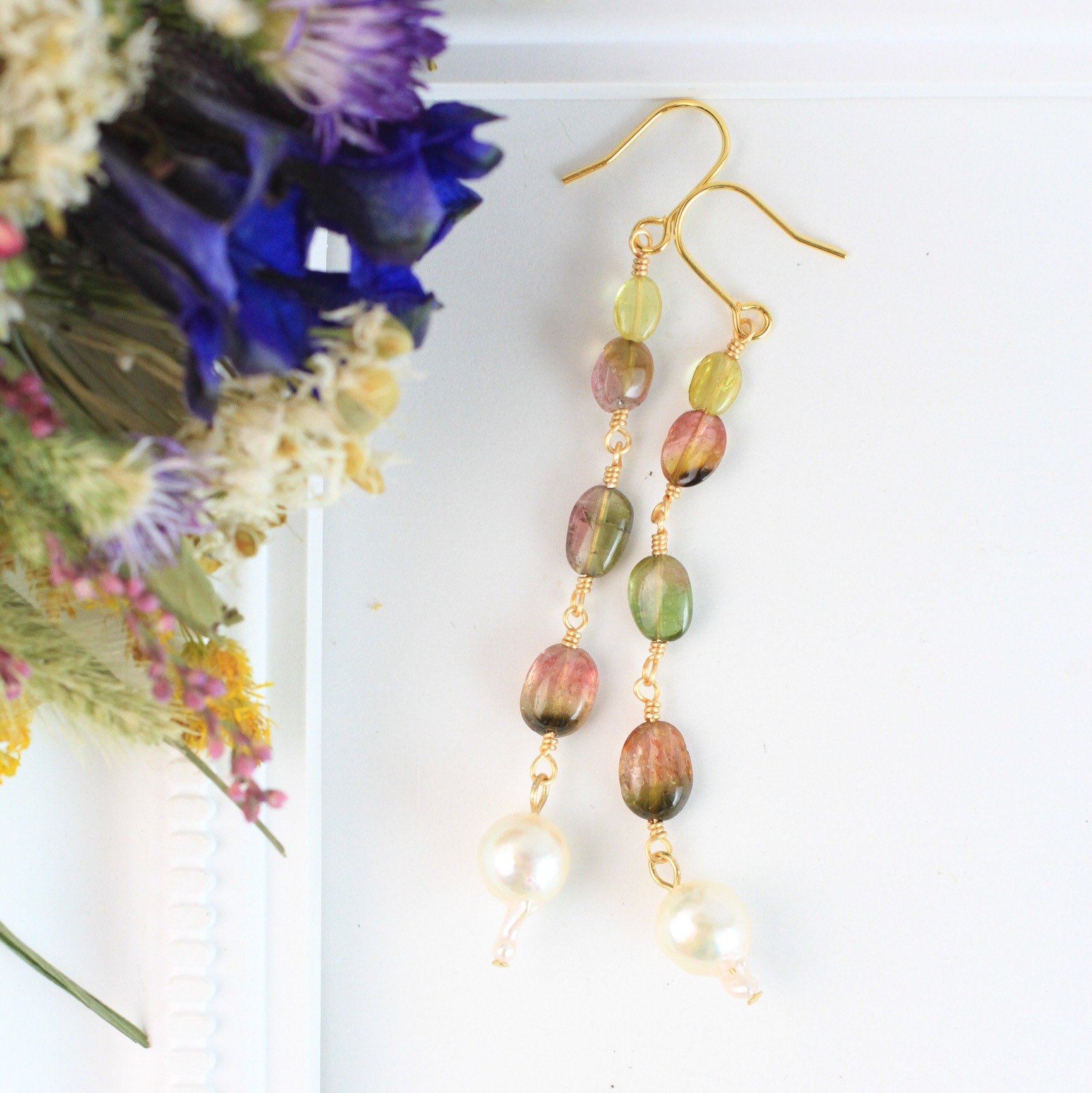 【超希少/1点限定】バイカラートルマリン　あこや真珠　ロング耳飾り