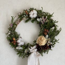 白とグリーンのナチュラルクリスマスリース / ドライフラワー
