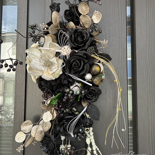 マグノリアとブラックローズのモノトーンしめ縄 しめ縄・しめ飾り