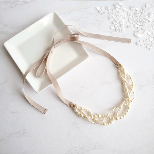 3連＊三つ編みパール リボンネックレス［8color］金属アレルギーにも