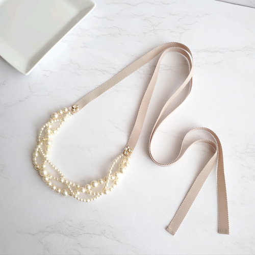 3連＊三つ編みパール リボンネックレス［8color］金属アレルギーにも