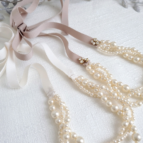 3連＊三つ編みパール リボンネックレス［8color］金属アレルギーにも