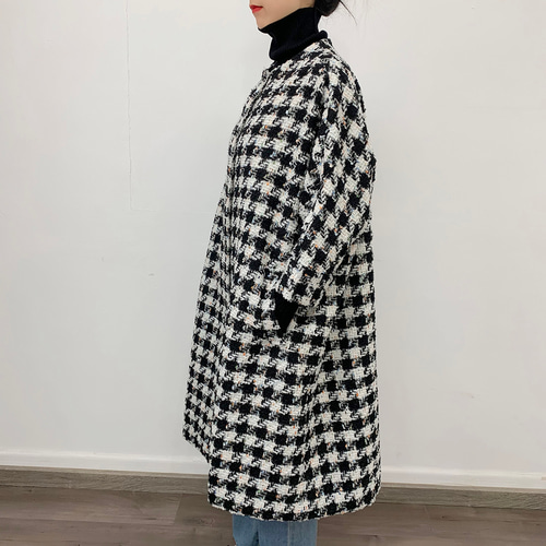 en-enツイード大柄千鳥・ドルマン袖コート黒×白・マルチカラーリボン紐
