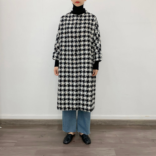 en-enツイード大柄千鳥・ドルマン袖コート黒×白・マルチカラーリボン紐