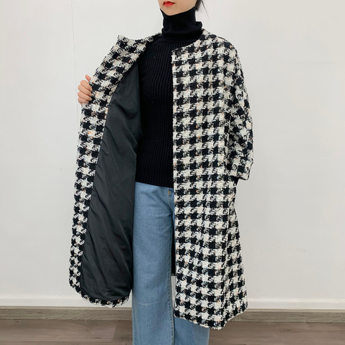 【美品】45R〈日本製〉千鳥柄インディゴコットンツイードのフリンジポンチョ紺白灰 en-enツイード大柄千鳥・ドルマン袖コート黒×白・マルチカラーリボン紐