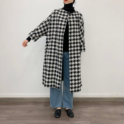 美品】45R 千鳥柄 ベルテットコート ロング 丸襟 ショールカラー 1 en