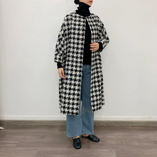 en-enツイード大柄千鳥・ドルマン袖コート黒×白・マルチカラーリボン紐