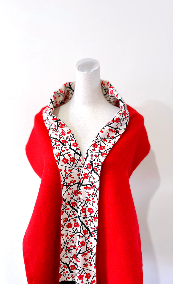 スカーフNo.349*詠紅梅*華麗傳統和風縮緬梅花紋咖啡色壽字紅色羊毛圍巾披肩 第7張的照片