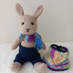 着せ替え用フードケープ付き　ウサギの編みぐるみ　青マフラー 1枚目の画像