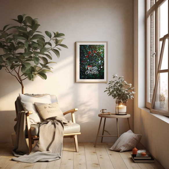 クリスマスホーリー —セイヨウヒイラギの実と枝が奏でるモダンでおしゃれなクリスマス飾り付けポスター 3枚目の画像