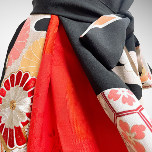 着物リメイク 小紋 ギャザー ワンピース オレンジ黒系 花々柄 L 着物リメイク 小紋 ギャザー ワンピース オレンジ黒系 花々柄 L