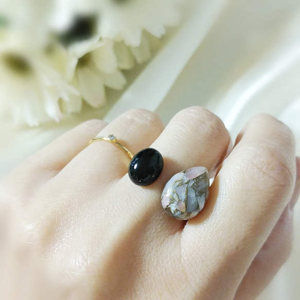 天然石リング　ギフト　フォークリング　フリーサイズ　ピンクオパール　オニキス　指輪 5枚目の画像