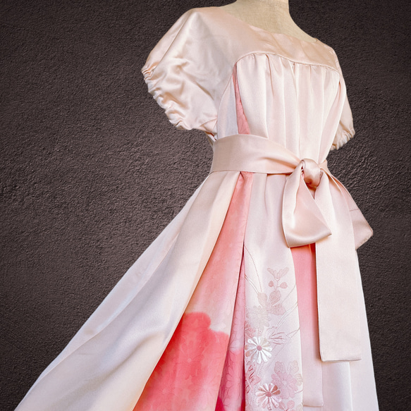 品格刺繍ピンク 差し色ギャザーワンピース フォーマル 和柄 着物リメイク 結婚式 演奏会 和柄 黒 Ｎ51107 15枚目の画像
