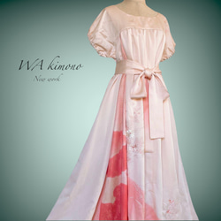 品格刺繍ピンク 差し色ギャザーワンピース フォーマル 和柄 着物リメイク 結婚式 演奏会 和柄 黒 Ｎ51107 1枚目の画像