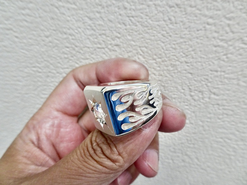 仁尾彫金『一つ星ジルコニア、ファイヤーパターン印台リング』ハンドメイド266