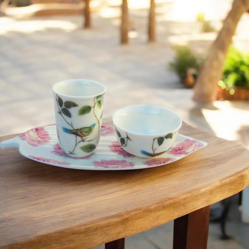 バラと鳥の聞香杯 台湾茶 中国茶器 ポーセラーツ ティーカップ おちゃ