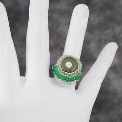 Chatty 戒指 190，一種尺寸最適合，串珠刺繡戒指，綠色，超大戒指，也可用於固定圍巾 第4張的照片