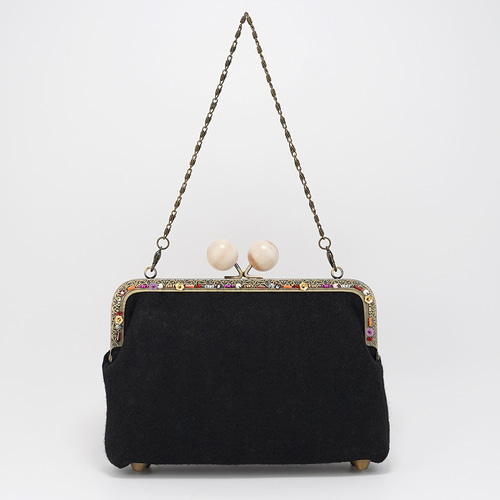 とっておきのがま口バッグ ウールガーゼ ビーズ刺繍 ブラック ビビッド