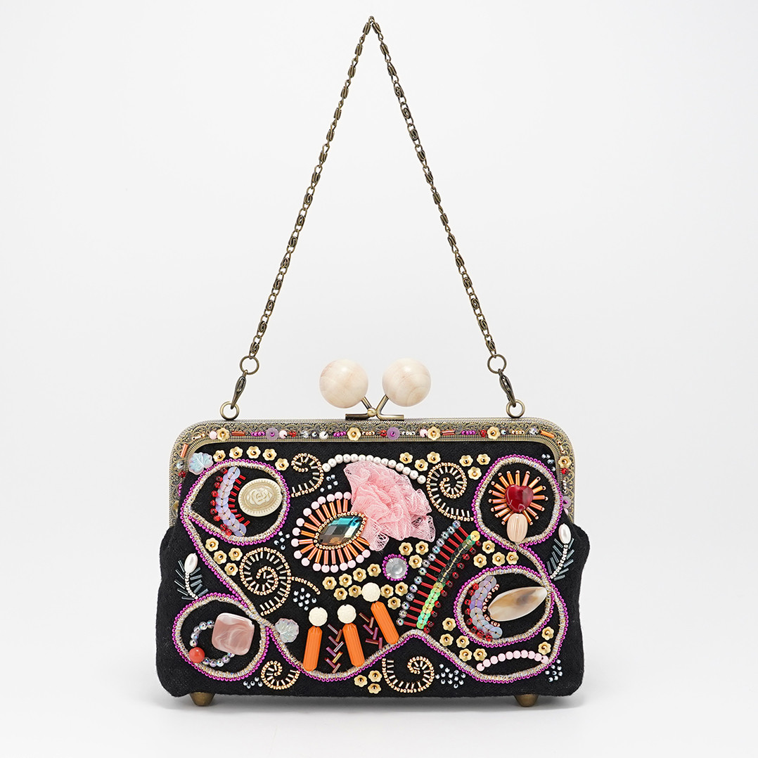 手刺繍 ＊ベルベットレースショール付 総ビーズがま口バッグ ヴィンテージ