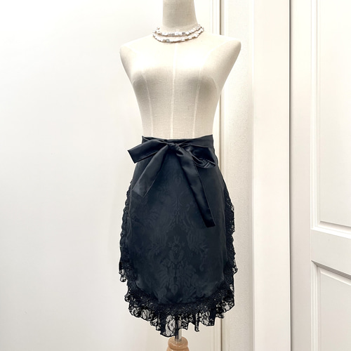 エプロン ショート 黒ダマスクジャガード 黒フリル2段 フラメンコ 衣装