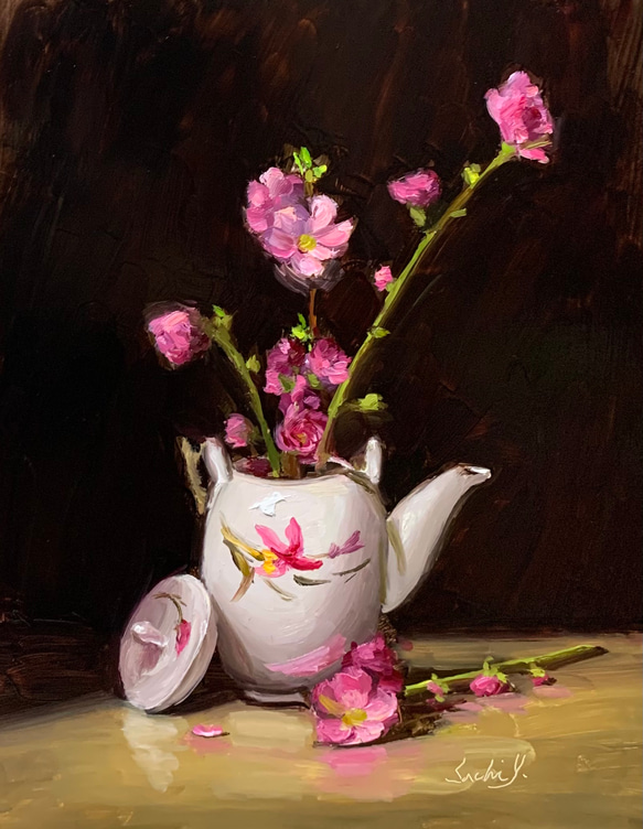 油彩画　Japanese Teapot and Peach Blossoms 1枚目の画像