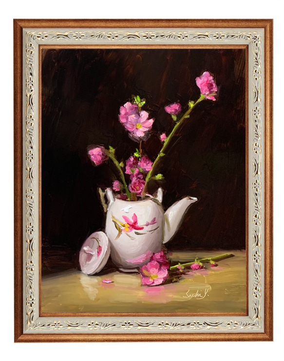 油彩画　Japanese Teapot and Peach Blossoms 3枚目の画像