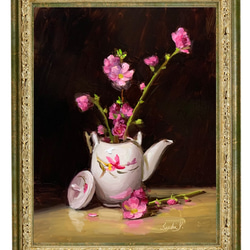 油彩画　Japanese Teapot and Peach Blossoms 2枚目の画像