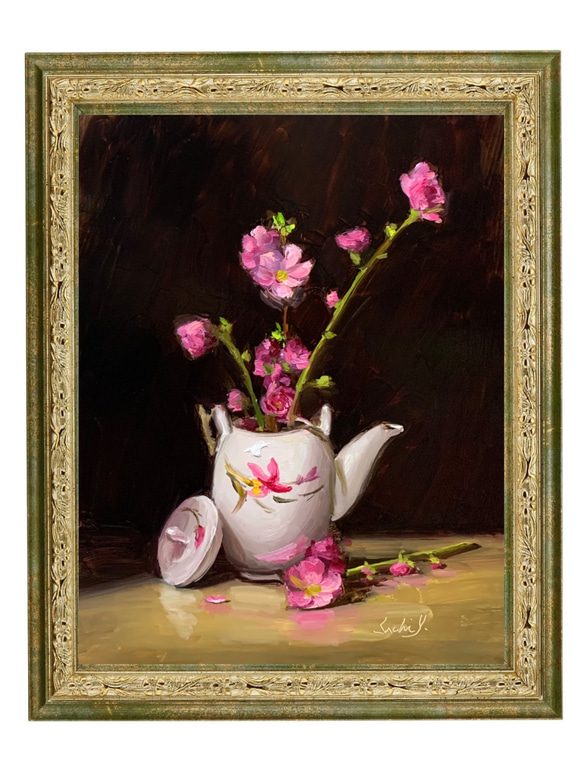 油彩画　Japanese Teapot and Peach Blossoms 2枚目の画像