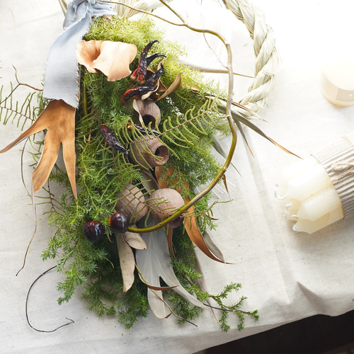 50.ドライフラワー しめ縄 正月飾り 松飾り クリスマス リース スワッグ 3wey】クリスマス、お正月、ドライフラワーとして飾れるしめ縄 お正月