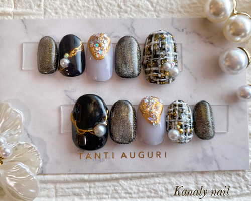 オーダー制】 黒 ブラック ツイード マグネット ニュアンス ネイル