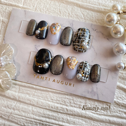 オーダー制】 黒 ブラック ツイード マグネット ニュアンス ネイル