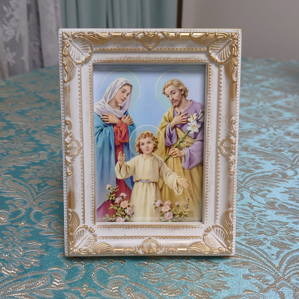 聖母マリア様キリスト聖家族ヨセフアンティーク調ホワイトゴールドフレ ームお守り額 1枚目の画像