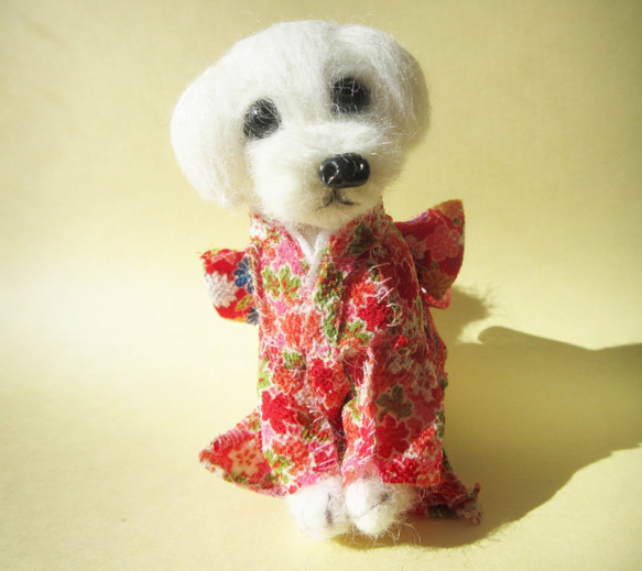 ご注文で作りました、着物の犬、羊毛フェルト人形 いち早く