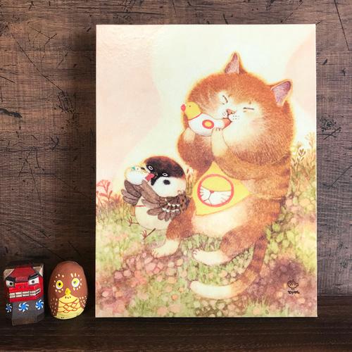 鳩笛ポーポー」パネル作品 24x18cm イラスト ふじいかずえ