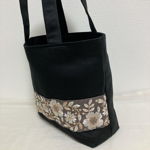 トートバッグ　インド刺繍ハイクラスピンク　ハンドメイド インド刺繍リボンA4トートBAG [トートバッグ刺繍花柄フラワー