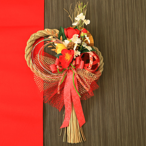 椿・オンシジウム・菊の華やかしめ縄リース／和モダン正月飾り『お正月