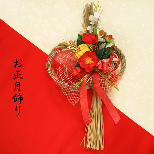 椿・オンシジウム・菊の華やかしめ縄リース／和モダン正月飾り『お正月