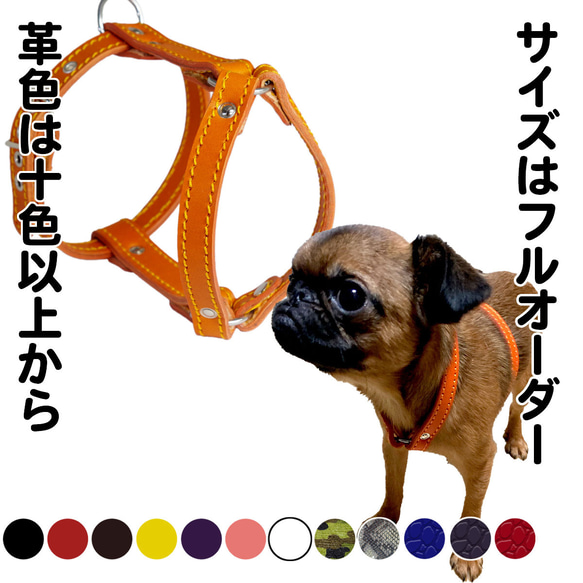 小型犬 ハーネス 胴輪 革 サイズオーダー：H2タイプ 1枚目の画像