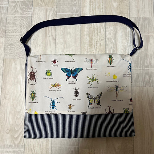 図書袋 リアル昆虫 斜めがけ 肩掛け ヒッコリーデニム お稽古かばん  