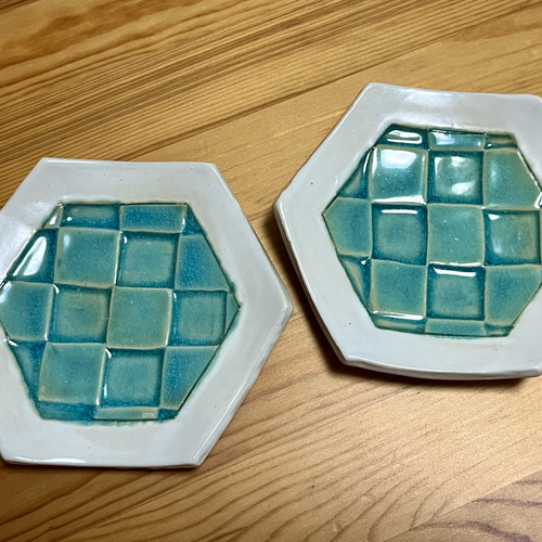 六角形 ペルシャンブルー 市松模様 お皿 小皿 Haruka デザイン工房