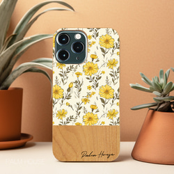 天然木♡名入れ♪WHITE YELLOW FLOWER  WOOD iPhoneケース 花柄 1枚目の画像