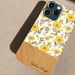 天然木♡名入れ♪WHITE YELLOW FLOWER  WOOD iPhoneケース 花柄 2枚目の画像