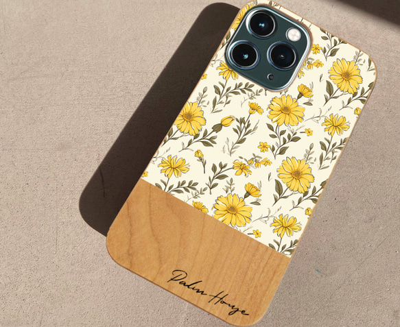 天然木♡名入れ♪WHITE YELLOW FLOWER  WOOD iPhoneケース 花柄 2枚目の画像