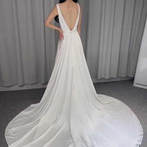 サテンキャミソール背中見えウェディングドレス結婚式 サテン背中見えキャミソールパーティードレス (ウェディング