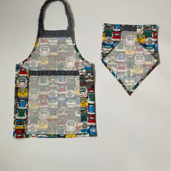 電車フェイス柄⭐︎100〜110子供エプロン、三角巾、巾着の３点セット　 3枚目の画像