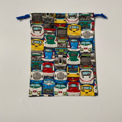 電車フェイス柄⭐︎100〜110子供エプロン、三角巾、巾着の３点セット　 8枚目の画像