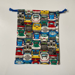 電車フェイス柄⭐︎120〜130子供エプロン、三角巾、巾着の３点セット　 6枚目の画像